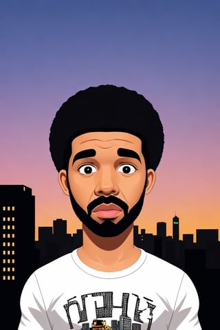  Create a Rapper drake cartoon character, creative, funny, big head, small body, small hands, black hair, realism, cute, Bugatti background, city sunset, creative animation