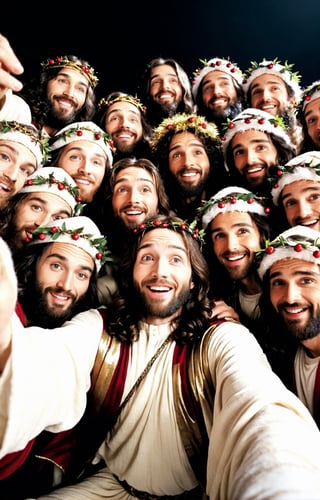 Fullbody shot, , Realistic, fantasy meme of  Biblical characters , Jesus and his 12 disciples, Taking a selfie,wearing Christmas costume, biblical background ,  highly detailed, best quality, insanely detailed, lush detail, Sharp focus, insane details, intricate details, sharp focus, ultra wide-angle, long field view,Super detailed, photorealistic,  4k

,Extremely Realistic