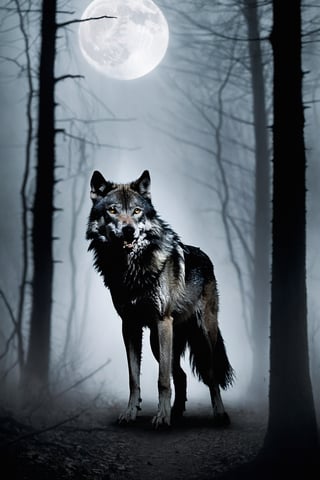 Create a nightmarish scene featuring a zombified wolf as the central element. Set the background in a dark and eerie forest, cloaked in an oppressive, supernatural fog that shrouds ancient, twisted trees. Describe the moon as a sickly, pale orb casting feeble, cold light, barely piercing the dense mist.

The zombified wolf should be a horrifying amalgamation of decay and malevolence. Its once-gleaming fur is matted and grimy, clumps of fur hanging in tatters. The eyes are devoid of life, now a putrid, milky white, with a malevolent gleam. Its snout is contorted into a grotesque snarl, revealing rotted, yellowed fangs.

The wolf's body should exude an aura of decay. Ribs jut out from its gaunt frame, with exposed, discolored flesh and bone. Maggots writhe within open wounds, and its paws are twisted and misshapen, resembling gnarled, skeletal hands.

The atmosphere should be thick with the stench of death and decay, a nauseating mixture of putrid flesh and damp earth. Crows and ravens should circle ominously overhead, their cawing echoing through the night, as if drawn to the malevolence of this creature.

As you describe the zombified wolf, ensure that every detail enhances the sense of terror and revulsion, making the reader feel the icy fingers of dread creeping up their spine.

This content may violate our content policy. If you believe this to be in error, please submit your feedback — your input will aid our research in this area.





