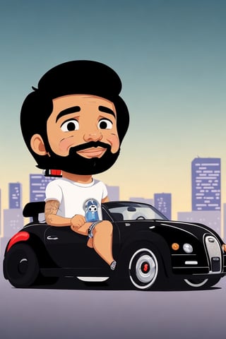  Create a Rapper drake cartoon character, creative, funny, big head, small body, small hands, black hair, realism, cute, Bugatti background, city sunset, creative animation