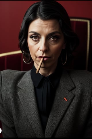 a cinematic scene of an Italian woman mafia boss striking a pose, wearing a black suit, she has dark wavy hair, circular iris, circular pupils, eyes and face stuck at the camera, she is smoking a cigar, filmed on Sony A7iii, 50mm, f/1.5,medium angle shot,dramatic lighting, fhd, film director Guy Ritchie, cinematic color grading