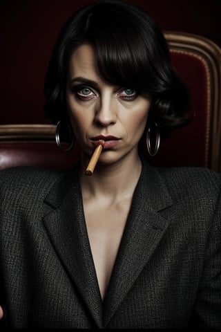 a cinematic scene of an Italian woman mafia boss striking a pose, wearing a black suit, she has dark wavy hair, circular iris, circular pupils, eyes and face stuck at the camera, she is smoking a cigar, filmed on Sony A7iii, 50mm, f/1.5,medium angle shot,dramatic lighting, fhd, film director Guy Ritchie, cinematic color grading