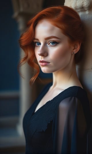 a woman, redhead, poses in a black dress, in the style of soft edges and atmospheric effects, romanesque, pop inspo, michael malm, close-up shots, the blue rider, warmcore 