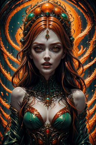 A mesmerizingly enchanting sorceress with vibrant red hair. Her cascading locks flow like flames, illuminating her bewitching appearance. This exquisite portrayal captures her delicate features and fiery essence. The image is a stunning painting that intricately showcases the sorceress's ethereal beauty. Every brush stroke and color choice exudes a sense of allure and mystique. It is a high-definition masterpiece crafted with meticulous attention to detail, immersing viewers in the spellbinding world of this captivating redhead sorceress.,horror,DonMG414 