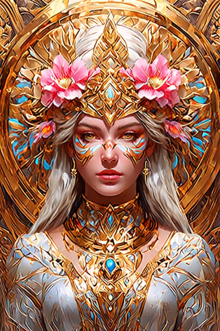 snthwve style nvinkpunk (symmetry:1.1) (portrait of floral:1.05) a woman as a beautiful goddess, (assassins creed style:0.8), pink and gold and opal color scheme, beautiful intricate filegrid facepaint, intricate, elegant, highly detailed, digital painting, artstation, concept art, smooth, sharp focus, illustration, art by greg rutkowski and alphonse mucha, 8k