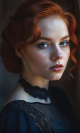 a woman, redhead, poses in a black dress, in the style of soft edges and atmospheric effects, romanesque, pop inspo, michael malm, close-up shots, the blue rider, warmcore 