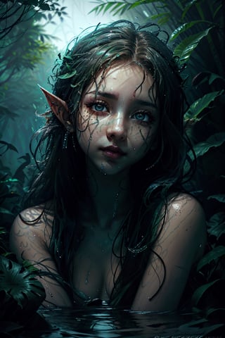 rainy jungles, swamps, a lot of water, young pile elf girl whose face is centered in the frame, the beauty of her face is obscured by a massive pile of diverse debris surrounding her, almost as if she is drowning in it, contrast between, youth, chaos, surrounding trash, provoking composition