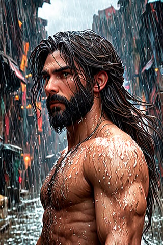 (professional 3d render:1.3) af (Realistic:1.3) most beautiful artwork photo in the world,Features soft and shiny male heroes, ((Epic hero fantasy muscle man rough wet hero angry look long hair short beard and ferocious expression in dynamic pose, Fantastic location, Majestic cluttered environment)), full body 8k unity render, action shot, skin pore, very dark lighting, heavyshading, Detailed, Detailed face, (vibrant, photograph realistic, Realistic, Dramatic, Dark, Sharp focus, 8K), (Old leather garments damaged by weathering:1.4), ((((Wear fur)))), (Intricate:1.4), decadent, (Highly detailed:1.4), Digital painting, rendering by octane, art stations, concept-art, smooth, Sharp focus, illustration, Art germ, (loish:0.23), wlop ilya kuvshinov, and greg rutkowski and alphonse mucha gracias, (Global illumination, Studio light, volumettic light), heavy rain, particles floating, lotr, fantasy, elf, full bodyesbian, ((Dark and ancient city background:1.3)),CGSesociety,art stations