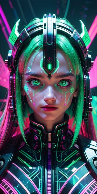 In this captivating image of a surreal astronomic digital dystopia in anime, a mesmerizing cybernetic deity floats amidst a chaotic celestial backdrop. The deity, adorned with intricate circuits and neon-lit embellishments, emanates a mysterious aura through its luminous synthetic skin and piercing holographic eyes. The scene is depicted in a digitally rendered painting, where every pixel is used to their fullest potential to create a visually stunning masterpiece. The level of detail is simply breathtaking, capturing the essence of an innovative and technologically advanced world.