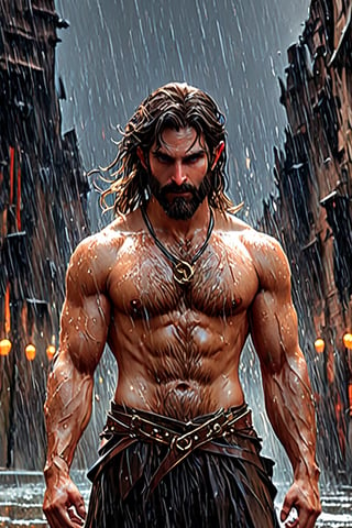 (professional 3d render:1.3) af (Realistic:1.3) most beautiful artwork photo in the world,Features soft and shiny male heroes, ((Epic hero fantasy muscle man rough wet hero angry look long hair short beard and ferocious expression in dynamic pose, Fantastic location, Majestic cluttered environment)), full body 8k unity render, action shot, skin pore, very dark lighting, heavyshading, Detailed, Detailed face, (vibrant, photograph realistic, Realistic, Dramatic, Dark, Sharp focus, 8K), (Old leather garments damaged by weathering:1.4), ((((Wear fur)))), (Intricate:1.4), decadent, (Highly detailed:1.4), Digital painting, rendering by octane, art stations, concept-art, smooth, Sharp focus, illustration, Art germ, (loish:0.23), wlop ilya kuvshinov, and greg rutkowski and alphonse mucha gracias, (Global illumination, Studio light, volumettic light), heavy rain, particles floating, lotr, fantasy, elf, full bodyesbian, ((Dark and ancient city background:1.3)),CGSesociety,art stations