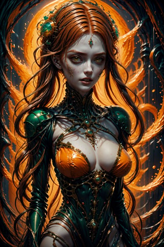 A mesmerizingly enchanting sorceress with vibrant red hair. Her cascading locks flow like flames, illuminating her bewitching appearance. This exquisite portrayal captures her delicate features and fiery essence. The image is a stunning painting that intricately showcases the sorceress's ethereal beauty. Every brush stroke and color choice exudes a sense of allure and mystique. It is a high-definition masterpiece crafted with meticulous attention to detail, immersing viewers in the spellbinding world of this captivating redhead sorceress.,horror,DonMG414 