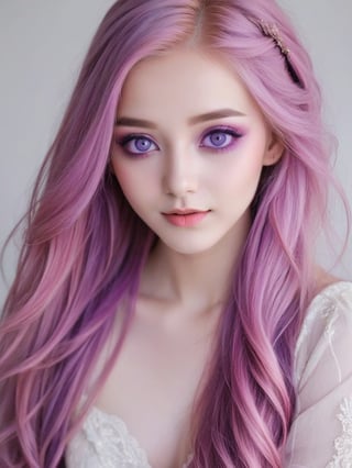 （（（Long hair,pink violet hair, Purple eyes, Makeup, Exquisite facial features,There is light in the eyes,laughingly,self-assured）））