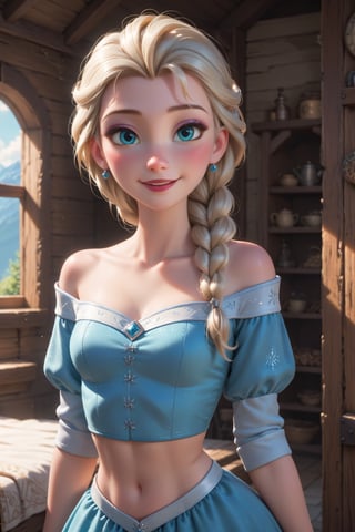 score_9, score_8_up, score_7_up, score_6_up, score_5_up, score_4_up, girl, elsa from the movie frozen, (beautiful face, cute face), medieval dress, off shoulder, midriff, (tiny waist, flat stomach, narrow hips):1.4, inside cozy medieval cabin, soft lighting, smiling, blush, looking at viewer, disney pixar style