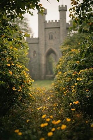 A mystical, cinematic still captures the ethereal unfolding of Translucent Organelle, Parouflaged Prime NeuralNano, amidst a lush, miniature castle's emerald foliage. Colorful petals dance in the soft, golden light, as if infused with an otherworldly essence. A harmonious vignette unfolds, bathed in moody, cinematic glory, shot on 35mm Kodak film, with sharp focus and high-budget grandeur.