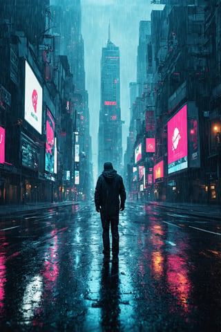 A gritty cyberpunk metropolis sprawls across the frame, neon lights reflecting off wet asphalt as rain-soaked streets glisten like a dystopian canvas. Towering skyscrapers loom in the background, their sharp angles and LED billboards a testament to human innovation and desperation. In the foreground, a lone figure - a hacker or rebel - stands defiantly amidst the chaos, backlit by a flickering holographic ad.