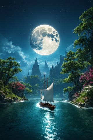 In a dreamy, surreal Unreal Engine 5 scene, a majestic arafed sailboat glides effortlessly across the tranquil ocean, under the soft glow of a full moon suspended in the dark blue sky. The fantasy forest landscape unfolds like a tapestry, with lush greenery and vibrant flowers swaying gently in the breeze. In the distance, the cinematic Silk Road landscape stretches out, its ancient architecture and mystical energy radiating an otherworldly aura. Trending on CGSociety, this breathtaking 4K image is perfect for an iPhone background or Skyrim mod, transporting viewers to a world of wonder and magic.