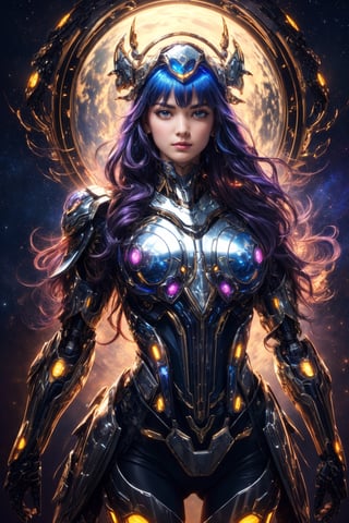 (full shot:1.5),(masterpiece:1.2), best quality,fantasy,Ultra-detailed,very detailed illustrations,extremely detailed,intricate details,highres,super complex details,extremely detailed 8k cg wallpaper,cowboy shot, caustics,reflection,ray tracing,demontheme,nebula,dark aura,cyber effect, (1girl:1.4),solo,alone,mecha musume,mechanical parts, robot joints,single mechanical arm, headgear, mechanical halo,star halo,intricate mechanical bodysuit, mecha corset, full armor, very long hair,white hair, hair between eyes, multicolored hair, colored inner hair, red eyes,glowing eye,eye trail, random expressions,random action, ancient japanese architecture,pond, starry sky,skyline, ,(HDR:1.4) ,CyberMechaGirl,More Detail