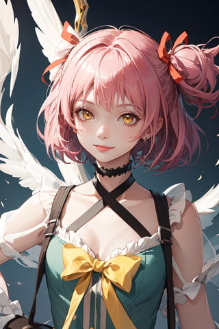 (best quality),(masterpiece),(ultra detailed),(highres),production art,1girl, ultimate madoka, solo, kaname madoka, pink hair, long hair, yellow eyes, gloves, two side up, ribbon, magical girl, bow, choker, hair bow, smile, hair ribbon, ,Tae Takemi