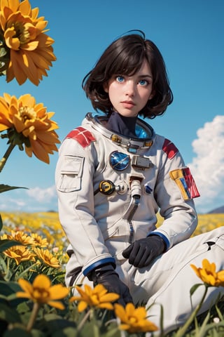 (masterpiece, best quality), cinematic composition, letterboxed, depth of field, solo focus, astronaut sitting in a field of yellow flowers with resting on the ground, gloves, yellow flower, black gloves, spacesuit, science fiction, sunlight, black hair, blue eyes, looking at viewer