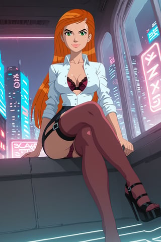 score_9, score_8_up, score_7_up, source_cartoon ,jkj,1girl,Gwenalienforce,green eyes, solo, long hair, orange hair,Black eyebrows, crossed legs,toothy smile,rating_Questionable
Break
Close-up photograph,( seated), cross-legged
break
Shiny skin, glossy skin, detailed skin, shiny, glossy hair, day.,
Break 
highly detailed, best quality, masterpiece, multiple layers,wide angle, full-body shot, full body portrait, ginger hair, very long hair, wide hips, thick thighs, parody, microskirt. very short pencil skirt, fetish platform heels, goth girl, goth, garters straps,    , skirt, miniskirt, microskirt, thighhighs, panties, bra, lingerie, shirt, tears,beautiful neon city, cyberpunk background city,cyberpunk city view out of the window,neon light,cramped bedroom