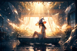 (super detailed), (beautiful background, detailed background),a girl sitting under an umbrella in the rain, pixiv contest winner, conceptual art, witch runes in the deep forest, with big rabbit ears, blue witch hat, ƒ/5.6,High detailed ,More Exposure,Her face and body seem illuminated from within, radiating an exceptional luminosity and a singular purity. Her skin seems to glow with a soft, warm light, without the presence of any dark marks or shadows that might cloud her natural beauty. Every feature of her face reflects an incomparable peace and serenity, as if bathed in a heavenly light that envelops her in an aura of tranquility and harmony. His presence radiates a sense of cleanliness and clarity, as if he were free of any weight or worry, manifesting himself as a luminous and radiant being in his totality.,perfect light,dream like