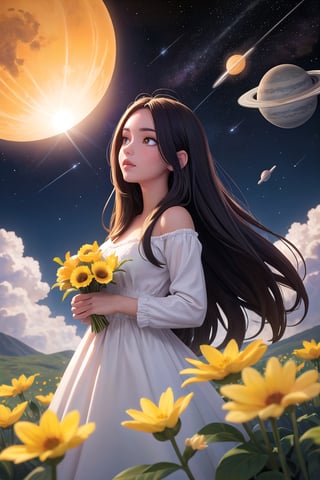 woman, flowers, long hair, sun, clouds, space, stars, shiny