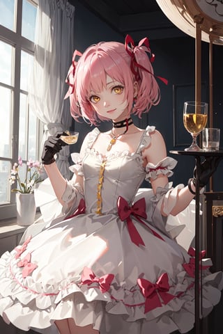 (best quality),(masterpiece),(ultra detailed),(highres),production art,1girl, ultimate madoka, solo, kaname madoka, pink hair, long hair, yellow eyes, gloves, two side up, ribbon, magical girl, bow, choker, hair bow, smile, hair ribbon, ,Tae Takemi