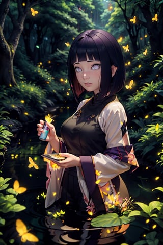 Masterpiece, best quality, (very detailed CG unified 8k wallpaper), (best quality), (best illustration), (best shadow), glowing elf with a glowing deer, drinking water in the pool, natural elements in forest theme. Mysterious forest, beautiful forest, nature, surrounded by flowers, delicate leaves and branches surrounded by fireflies (natural elements), (jungle theme), (leaves), (branches), (fireflies), (particle effects) and other 3D, Octane rendering, ray tracing, super detailed --v6, deer, 
hinata_boruto, 1girl,short hair, solo, purple hair, bob cut, bangs, blunt bangs, looking at viewer, large breasts,hinata_boruto,firefliesfireflies