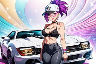 score_9, score_8_up, score_7_up, source_cartoon ,jzj, source_cartoon,where a 20 year old girl with light face wearing glasses, black muscle sando, with tattoos both on the arm, white cap and hands in his pocket pants standing next to a ,luxurious Lamborghini car. The background is a punky wall.Glowwave,Sparklecore,Toon & Anime