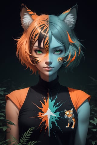 (masterpiece:1.1), (highest quality:1.1), (HDR:1.0), extreme quality, cg, (negative space), detailed face+eyes, 1girl, fox ears, animal ear fluff, (plants:1.18), (fractal art), (bright colors), splashes of color background, colors mashing, paint splatter, complimentary colors, neon, (thunder tiger), compassionate, electric, limited palette, synthwave, fine art, tan skin, upper body, (green and orange:1.2), time stop, sy3, SMM,dfdd,lofi,2d_animated