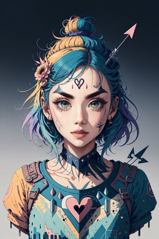 (An amazing and captivating abstract illustration:1.4), (captivating female face:1.3), face focus, beautiful features, (thick eyebrows:1.3), face shot, (grunge style:1.2), (frutiger style:1.4), (colorful and minimalistic:1.3), (2004 aesthetics:1.2),(beautiful vector shapes:1.3), with. BREAK swirls, x \(symbol\), arrow \(symbol\), heart \(symbol\), gradient background, sharp details, muted colors. BREAK highest quality, detailed and intricate, original artwork, trendy, mixed media, vector art, vintage, award-winning, artint, SFW,Text,tshee00d