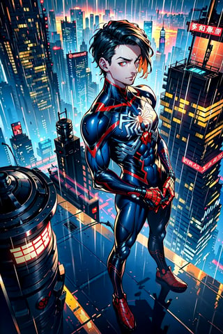 1man, full_body, black_hair, masculine_face, male_face, masculine_body, male_body, very_short_hair, mature, red_eyes, smirk, laugh, detailed, detailed_face, (he is wearing a spider-man 2099 suit that is dark_blue and has a round red spider/crab -symbol on his chest and has a minimalistic futuristic design), (he is holding his spider-man_mask with his hand), relaxed_arms, dark_lighting, (he is standing on a roof top of the highest building of the city, looking_towards_the_viewer, he is viewed from the side, rain_clouds, detailed, dark_lighting, dark_sky, night_sky, night, (there is a lot of rain), focus_on_face, face_close_up, teenager in his 20s, gloomy, demon_eyes, dystopian_skyline in the background but the view is from above, Kamado_Nezuko, Muzan_Kibutsuji, peter_parker,cyberpunk