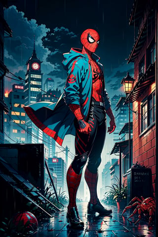 1man, full_body, black_hair, masculine_face, male_face, masculine_body, male_body, very_short_hair, mature, red_eyes, smirk, laugh, detailed, detailed_face, (he is wearing a spider-man 2099 suit that is dark_blue and has a round red spider/crab -symbol on his chest and has a minimalistic futuristic design), (he is holding his spider-man_mask with his hand), relaxed_arms, dark_lighting, (he is standing on a roof top of a very big building, looking_towards_the_viewer, he is viewed from the side, rain_clouds, detailed, dark_lighting, dark_sky, night_sky, night, (there is a lot of rain), focus_on_face, face_close_up, teenager in his 20s, gloomy, demon_eyes, dystopian_skyline in the background, Kamado_Nezuko, Muzan_Kibutsuji