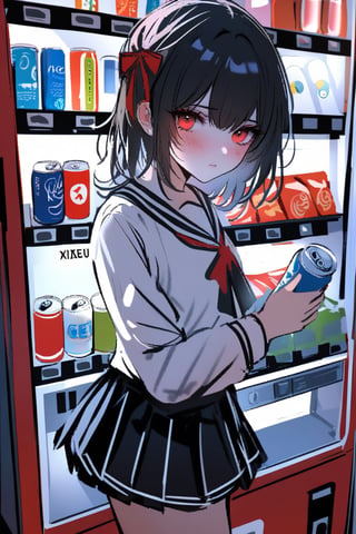 by nixeu, 1girl, gradient red eyes, short black hair, Suzune Horikita \(classroom of the elite\), shy, blush, looking at viewer, vending machine, skirt, shoes, solo, shirt, standing, holding, can, pleated skirt, bottle,