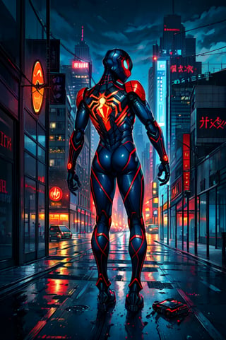 1man (full_body, muscular_body, detailed, (he is wearing a full body suit that is dark_blue and has a round red symbol on his back and has a minimalistic design), (he is wearing a mask that covers his entire head and face), peter_parker, spider-man), 1robot(a big a futuristic robot, the robot is destroying the city in the background),the scene is situated in new york city, the man is viewed from behind