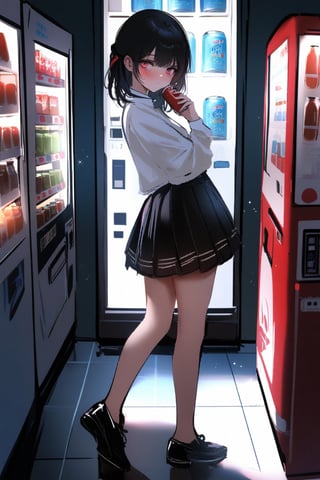 by nixeu, 1girl, gradient red eyes, short black hair, Suzune Horikita \(classroom of the elite\), shy, blush, looking at viewer, vending machine, skirt, shoes, solo, shirt, standing, holding, can, pleated skirt, bottle,