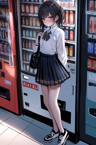 by nixeu, 1girl, gradient red eyes, short black hair, Suzune Horikita \(classroom of the elite\), shy, blush, looking at viewer, vending machine, skirt, shoes, solo, shirt, standing, holding, can, pleated skirt, bottle,