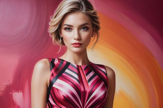 Annick Bouvattier-Maja topcagic style award winning intrinsic detail photograph-painting hybrid high travel portrait style female supermodel in a beautiful Airbrush pattern dress with stylized modern hair out on the town with cerise color palette, hd, 8k