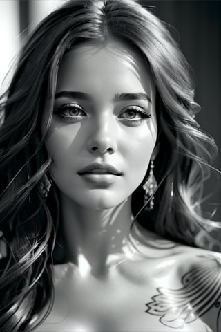 female, fantasy, beauty, in the style of noir comic art, realistic hyper-detailed portraits, tattoo, black and white grayscale, chicano art, realistic yet romantic, flowing lines --ar 23:36 --stylize 750 --v 6,WOWAI