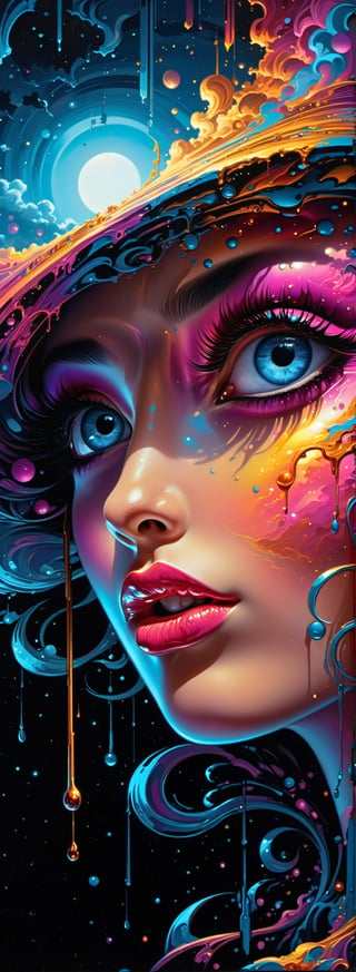 art By Dan Mumford, Masterpiece, Best quality, a beautiful girl in the sky surrounded by galaxies & psychedelic clouds, in the style of exotic fantasy landscapes, Paul Robertson, HD image, heavenly landscapes, uses shadows and lights to create a sense of depth and realism, dramatic lighting, perfect face, pretty glowing eyes, light eyes, dripping psychedelic liquid, bending reality,  realistic eyes, perfect nose, perfect lips, fix eyes, fix nose, ultra highly detailed, detailed, digital painting, highly detailed, intricate, intricate pose, Clarity, high quality, perfect composition., trending on artstation, sharp focus, studio photo, intricate details, highly detailed, by greg rutkowski,dripping paint