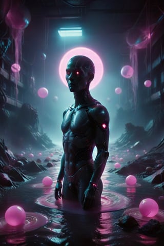 Create an image featuring a mysterious figure standing in a surreal, dark landscape surrounded by floating orbs with facial features against a moody pink and pastel blue scheme. This image will have a vaporwave aesthetic with a sinister style. Include intricate abstract swirl patterns emanating from the character's head to enhance the mystical vibe of the artwork. (standing on a river of neon pink liquid showcasing a slight joy in a vaporware dystopian future:1.1), A deep seeded nightmarish darkness orchestrates the terror beneath the somewhat bright cheery image displayed here giving chills to the v viewer. 
,zavy-cbrpnk