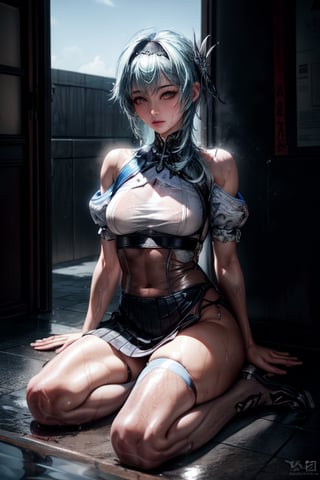 1girl, (RAW photo, best quality), (realistic, photo-realistic:1.30),((full body)), (volumetric:1.2), film grain, Sitting, sitting_down, opening legs, wet clothes, wet body ,skirt_lift, no_humans, blue_hair,eula (genshin impact), hairband,  