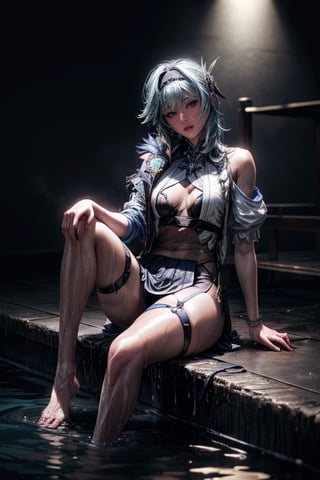 1girl, (RAW photo, best quality), (realistic, photo-realistic:1.30),((full body)), (volumetric:1.2), film grain, Sitting, sitting_down, opening legs, wet clothes, wet body ,skirt_lift, no_humans, blue_hair,eula (genshin impact), hairband,  ,hairband