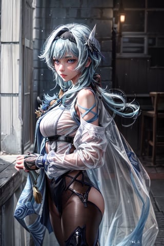 1girl, (RAW photo, best quality), (realistic, photo-realistic:1.30),((full body)), (volumetric:1.2), film grain, standing up, standing, wet clothes, wet body, no_humans, blue_hair, eula (genshin impact), hairband, blue_eyes,eulal, posing,eula (genshin impact),hairband,blue hair