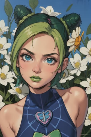 Powerpuff Girls Inspired Character; hyperbolic, Cute, Beautiful, Highly Surreal beautiful woman, vibrant green streaks in bright white flowers striking a painting by Antonio João Gregorio Luca Gonzalez-Lopez digital photograph of female trending on WikiCommittee Photorealistic Abstract Woman centered image