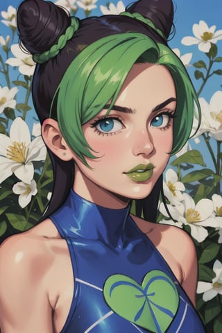 Powerpuff Girls Inspired Character; hyperbolic, Cute, Beautiful, Highly Surreal beautiful woman, vibrant green streaks in bright white flowers striking a painting by Antonio João Gregorio Luca Gonzalez-Lopez digital photograph of female trending on WikiCommittee Photorealistic Abstract Woman centered image