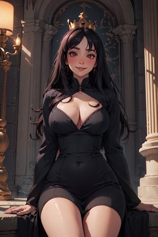 real,princess, crown, atmospheric scene,  masterpiece,  best quality,  (detailed face,  detail skin texture,  ultra-detailed body),  (cinematic light:1.1),    ,  r0seb7rne-smf,  solo,  realistic,  long hair,  lips,  red eyes,  looking at viewer,  black hair,  upper boddy, naked, nudity, barefoot, in Public, castle background, smile,  long black dress,  big breasts, 