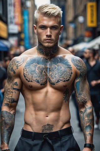  create a british gangster  tattoed neck , no shirt, heavily tattooed, ,blonde short hair , blue eyes, confident,serious expression, manly looking,symetrical size,,nsane details, dark background ,high details,monster,more detail XL,male,Movie Still,EpicLand,Film Still,photo r3al

he is walking down a busy city street, his gang walking clsely behind him. 

heavily tattooed,dark,android,cyborg,cyborg style