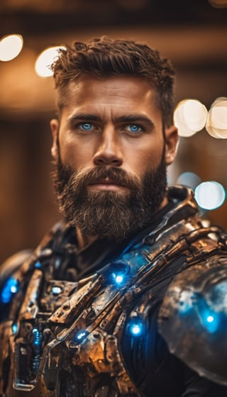 Portrait photo of muscular bearded guy in a worn mech suit, ((light bokeh)), intricate, (steel metal [rust]), elegant, sharp focus, photo by greg rutkowski, soft lighting, vibrant colors, (masterpiece), ((streets)), (detailed face:1.2), (glowing blue eyes:1.1)