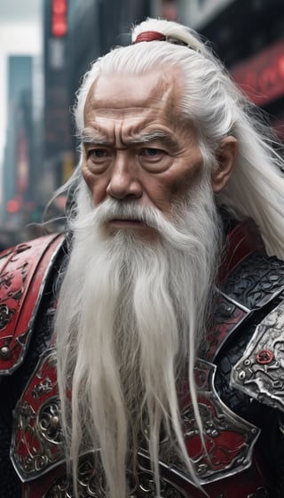 streetview portrait photograph of an old man with long white hair and long white beard looking at the viewer with a sad look in his eyes as if his soul was torn out, he is a warrior wearing black mechanical armor, (Gusoku Style Armor, black, red details, red inlays:1.1), intricate details, medium shot, slightly above view, side view, apocalyptical science fictional city street resembling times square, wartorn ruins, devastation, vines, vegetation, deep dark lightning, rule of thirds, ultra detailed, ultra realistic, epic composition, dimly lit